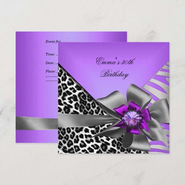 Birthday Party 30th Zebra Leopard Purple Black Invitation (Front/Back)