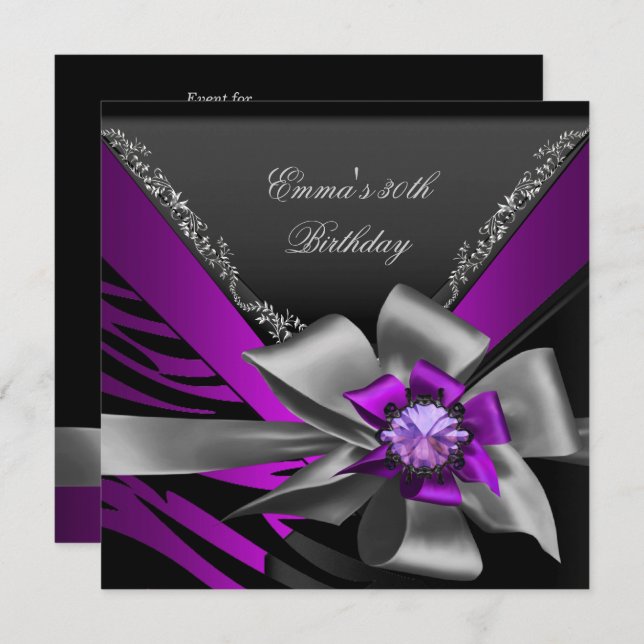 Birthday Party 30th Zebra Purple Black Magenta Invitation (Front/Back)