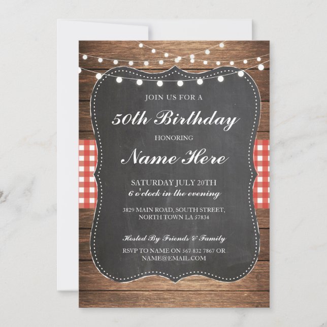 Birthday Party 40th 50th Check Rustic Wood Invite (Front)