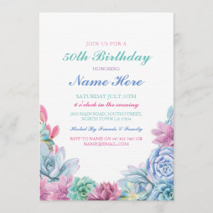 Birthday Party 40th 50th Pastels Succulents Invite