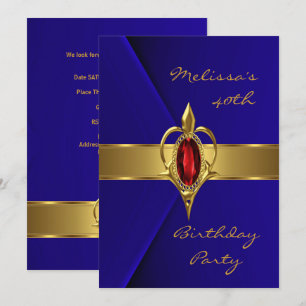 Birthday Party 40th Blue Faux Velvet Red gold Gem Invitation