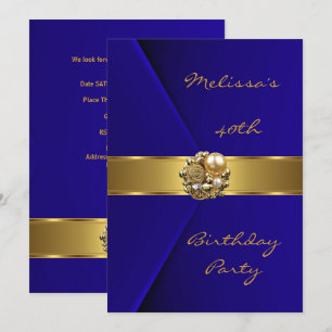 Birthday Party 40th Blue Velvet gold pearl jewel Invitation