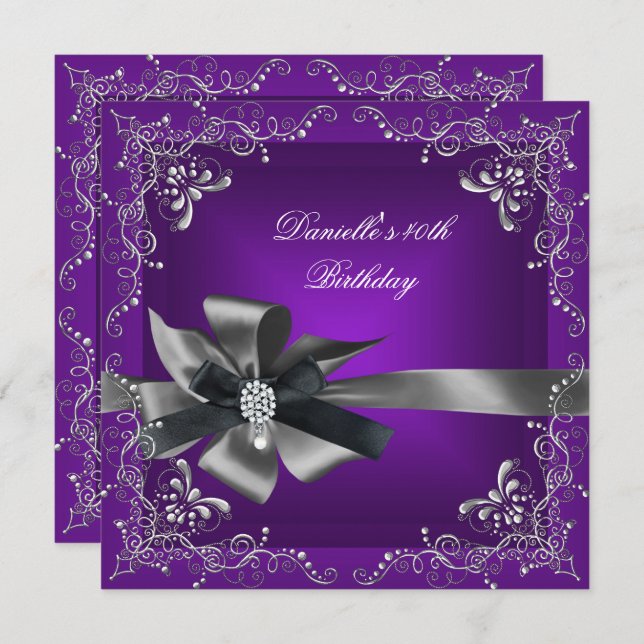 Birthday Party 40th Purple Silver Black Grey Invitation (Front/Back)
