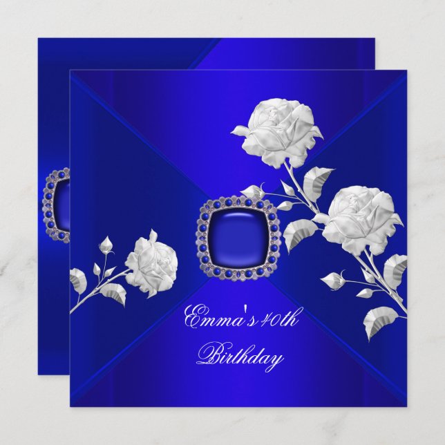Birthday Party 40th Royal Blue Silver Rose Invitation (Front/Back)