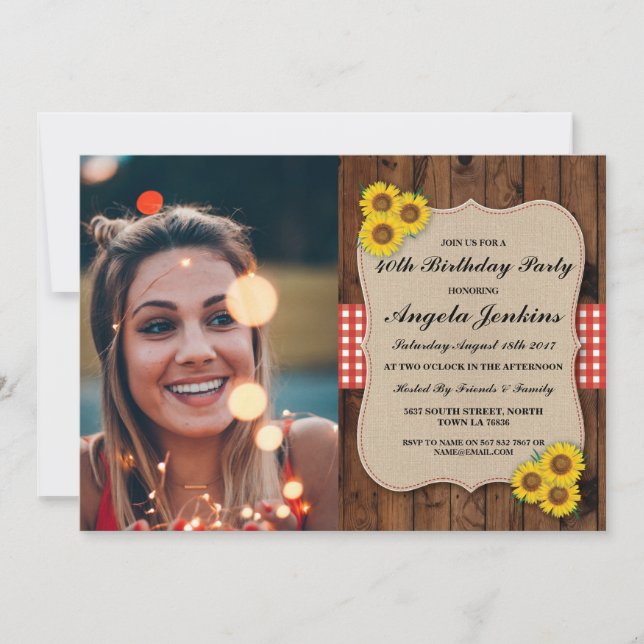 Birthday Party 40th Sunflower Wood Burlap Photo Invitation (Front)
