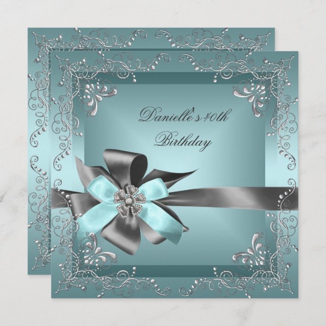 Birthday Party 40th Teal Blue Silver Grey Invitation (Front/Back)