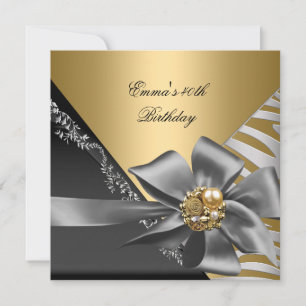 Birthday Party 40th Zebra Gold Black Silver Grey 2 Invitation