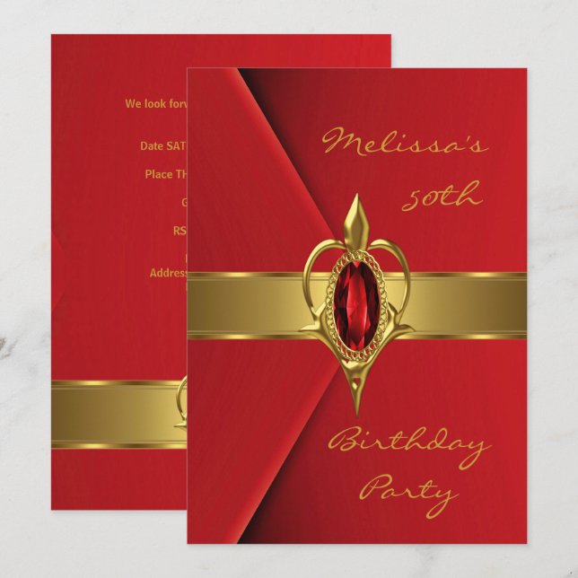 Birthday Party 50th Faux Velvet Red Pearl gold Invitation (Front/Back)