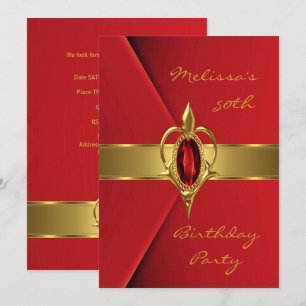 Birthday Party 50th Faux Velvet Red Pearl gold Invitation