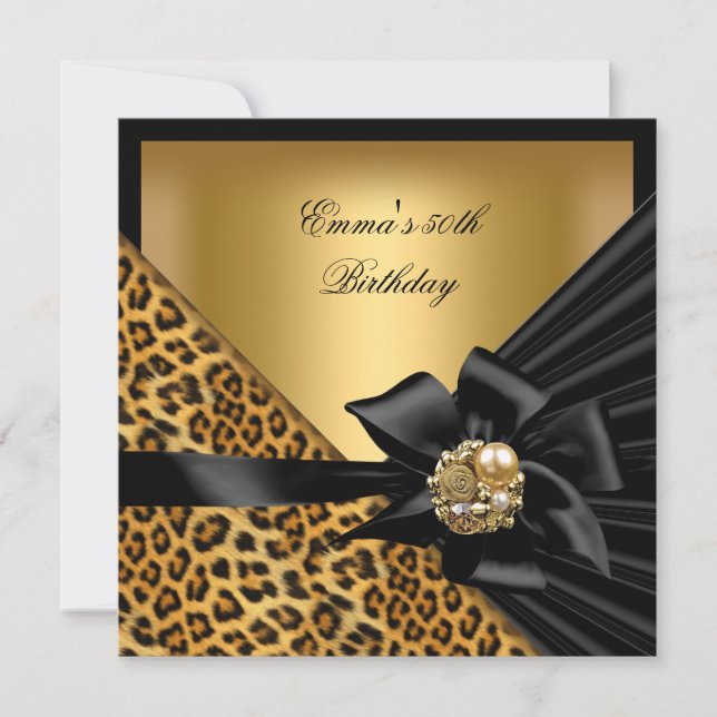 Birthday Party 50th Leopard Gold Black Bow Invitation (Front)