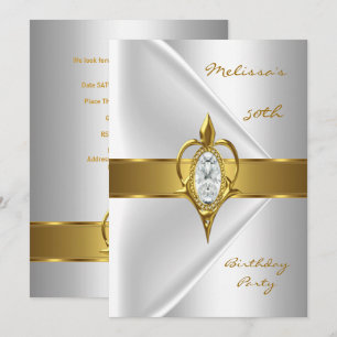 Birthday Party 50th Silk White Diamond gold jewel Invitation