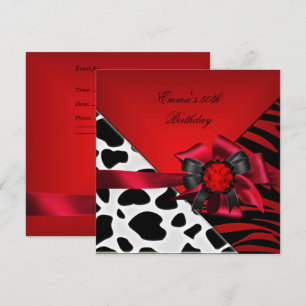 Birthday Party 50th Zebra Cow Red Black White Invitation