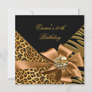 Birthday Party 50th Zebra Leopard Gold Black Invitation