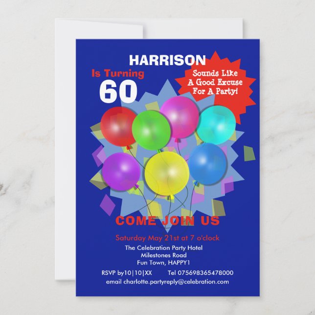Birthday Party 60th Milestone Personalised Invitat Invitation (Front)