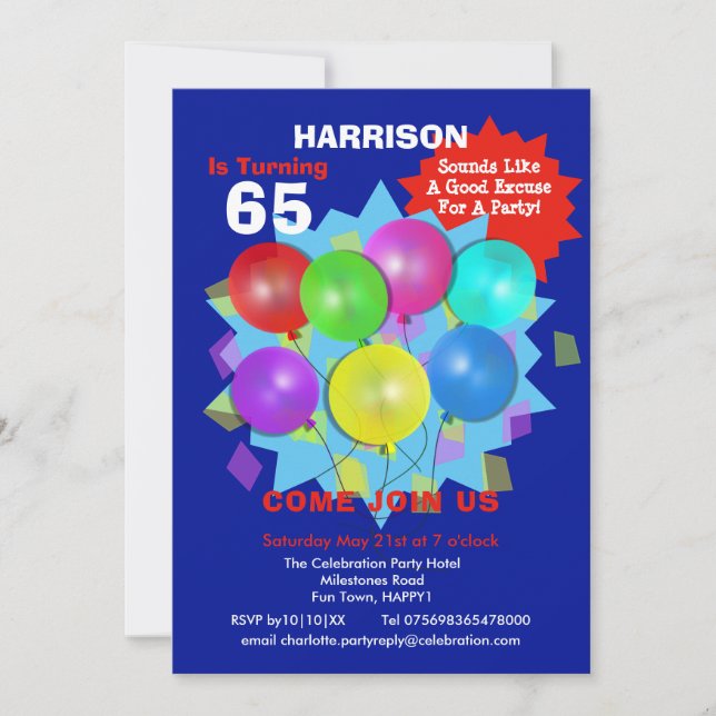 Birthday Party 65th Milestone Personalised Invitat Invitation (Front)