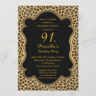 Birthday Party 91st,Cheetah, Black & Gold Invitation