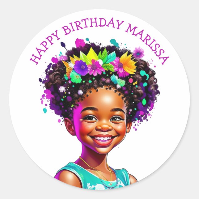 Birthday Party African-American Girl Personalised Classic Round Sticker (Front)