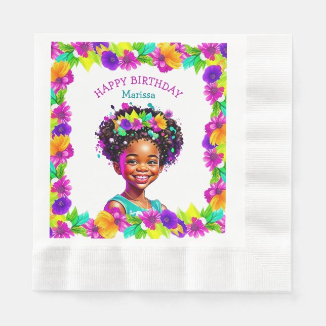 Birthday Party African-American Girl Personalised Napkin (Front)