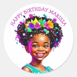 Birthday Party African-American Girl Personalized Classic Round Sticker