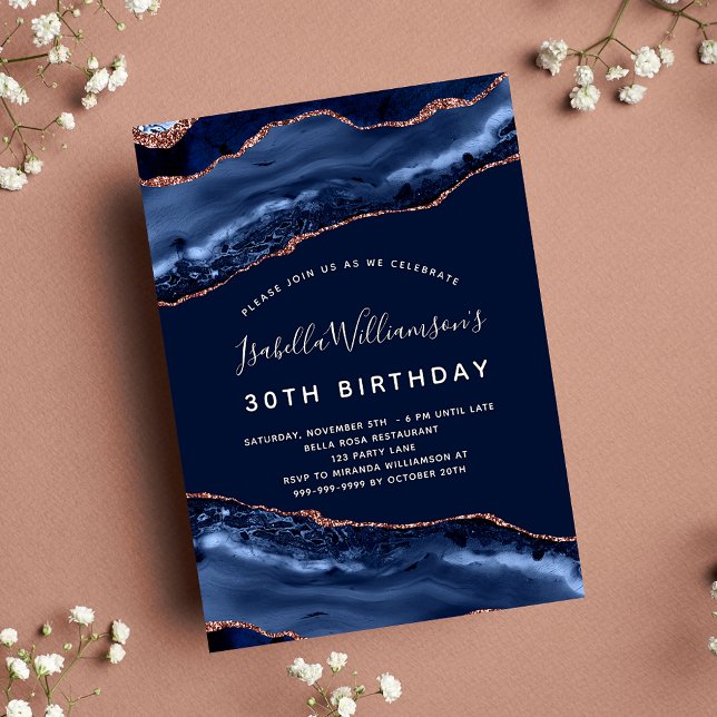 Birthday party agate marble blue rose gold invitation (Creator Uploaded)