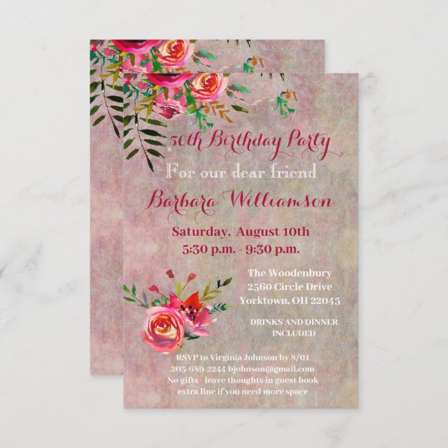 Birthday Party Any Age Watercolor Flowers Invitation (Front/Back)