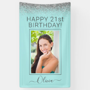 Birthday Party Aqua Blue Teal Silver Glitter Banner