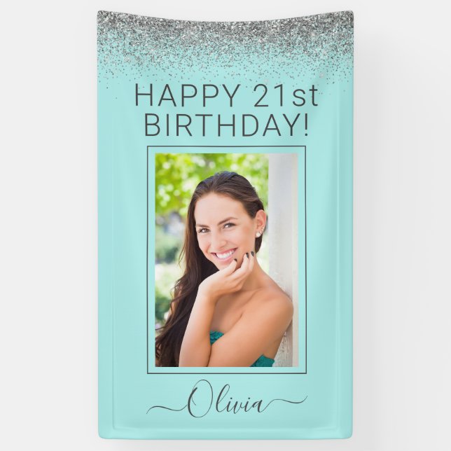 Birthday Party Aqua Blue Teal Silver Glitter Banner (Vertical)