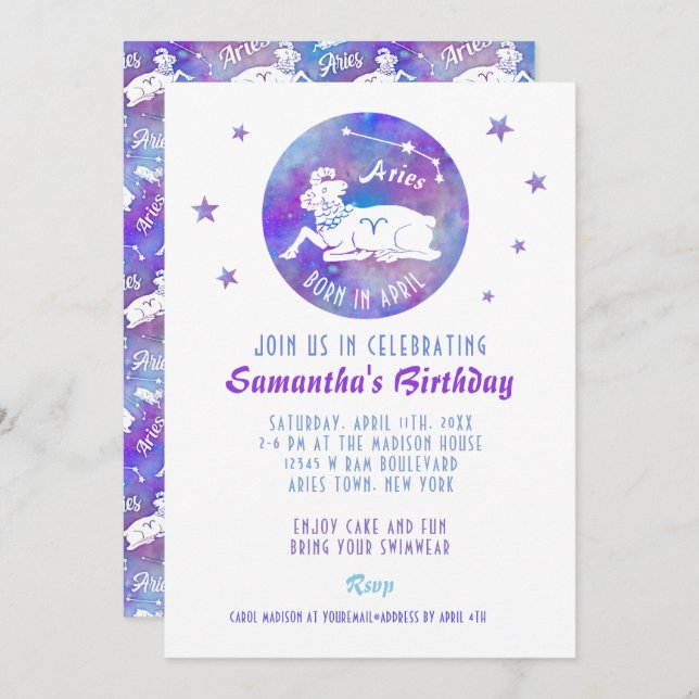 Birthday Party Aries Ram Constellation Stars Invitation (Front/Back)