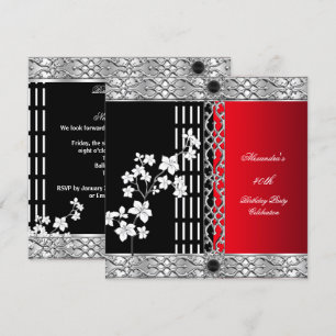 Birthday Party Asian Red Black Cherry Blossoms Invitation