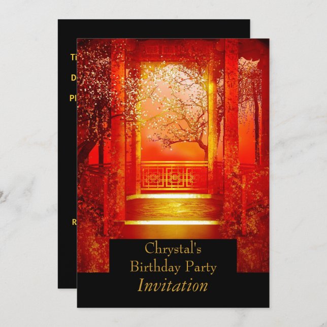 Birthday Party Asian Scene Red gold Invitation (Front/Back)