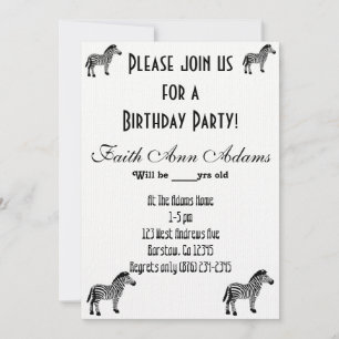 Birthday Party Aziza Safari Zebra Print Invitation