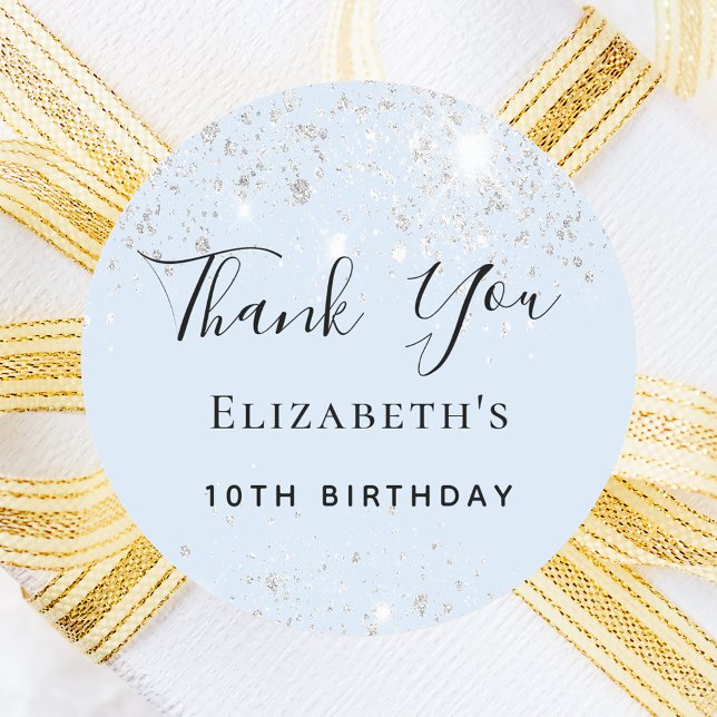 Birthday party baby blue silver glitter Thank You  Classic Round Sticker (Creator Uploaded)