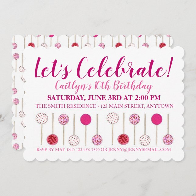Birthday Party Baby Bridal Shower Pink Cake Pops Invitation (Front/Back)