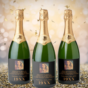 Birthday party balck gold year born photo bio sparkling wine label