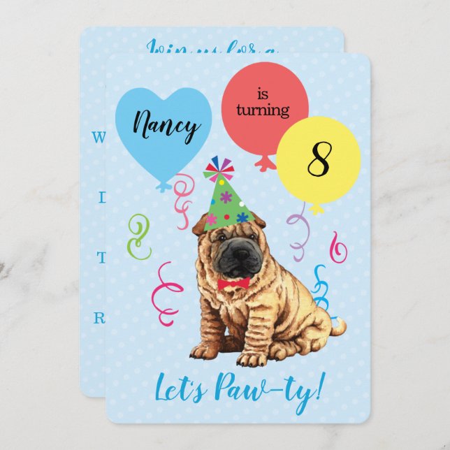 Birthday Party Balloons Chinese Shar-Pei Invitation (Front/Back)
