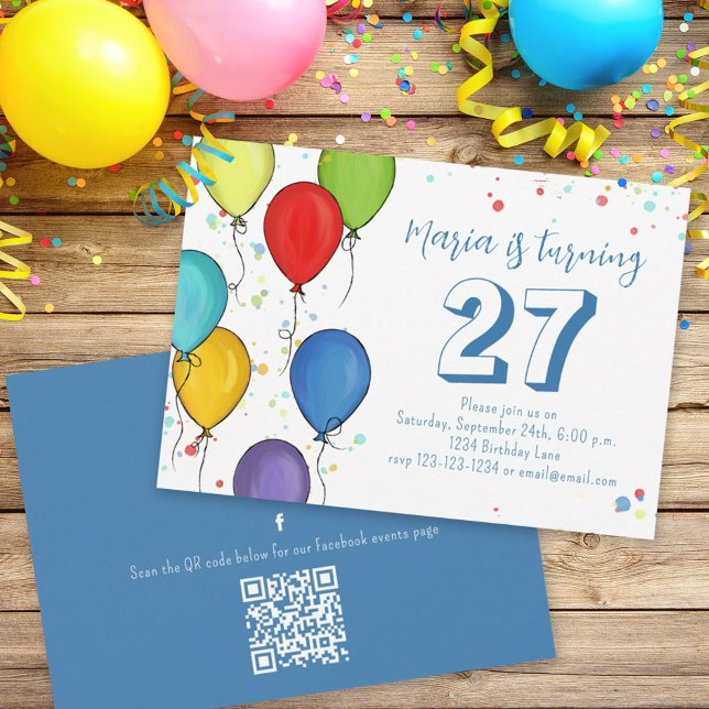 Birthday Party Balloons Confetti QR Code Facebook Invitation (Creator Uploaded)