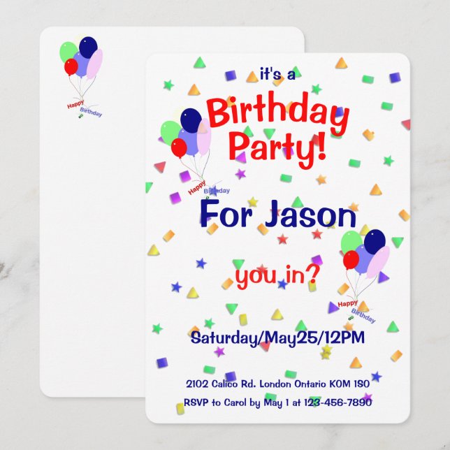 Birthday Party Balloons Invitation (Front/Back)
