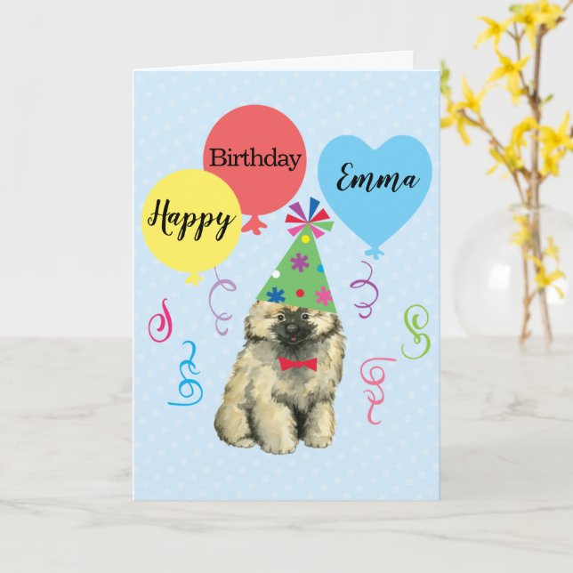 Birthday Party Balloons Keeshond Card (Yellow Flower)