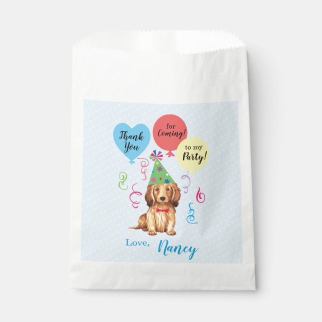 Birthday Party Balloons Longhaired Dachshund Favour Bag (Front)