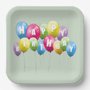 Birthday Party Balloons On Sage Green Paper Plate