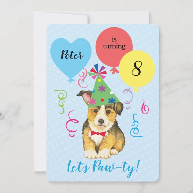 Birthday Party Balloons Pembroke Welsh Corgi Invitation (Front)