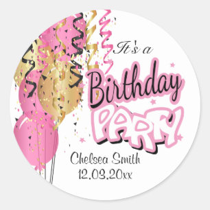Birthday Party Balloons - Pink Classic  Round Sticker