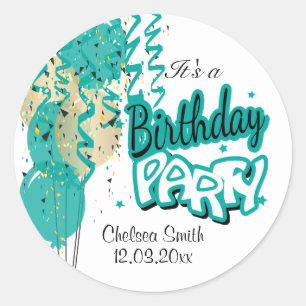Birthday Party Balloons - Teal Classic Round Sticker