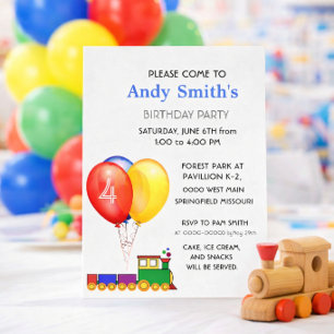 Birthday Party Balloons & Train  Invitation