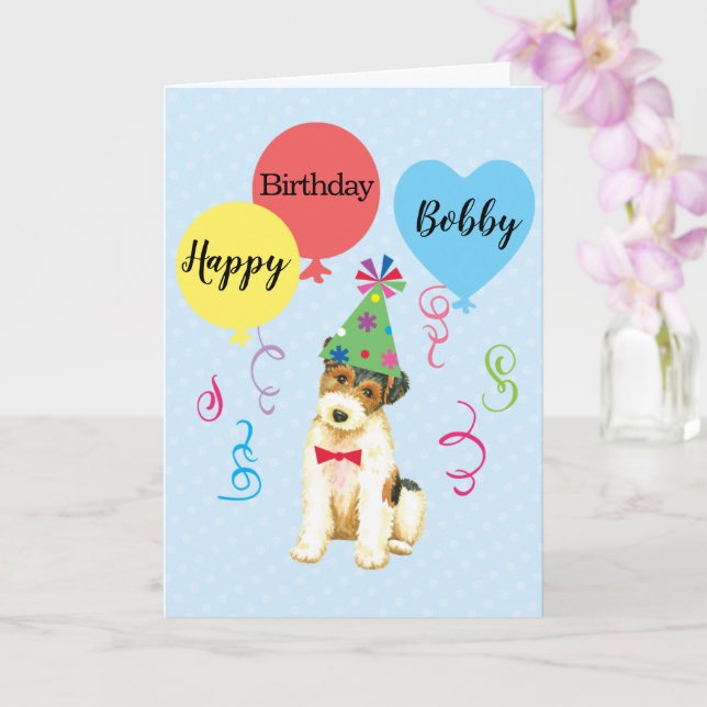 Birthday Party Balloons Wire Fox Terrier Card (Orchid)