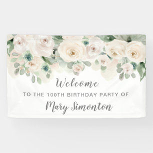 Birthday Party Banner 100th White Rose Floral
