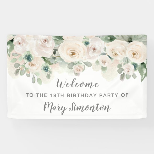 Birthday Party Banner 18th White Rose Floral  (Horizontal)
