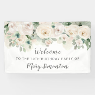 Birthday Party Banner 30th White Rose Floral 
