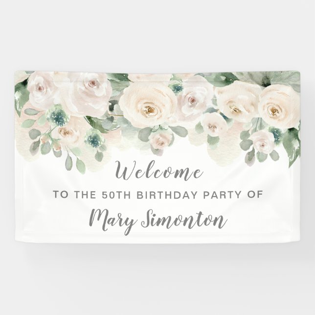 Birthday Party Banner 50th White Rose Floral  (Horizontal)