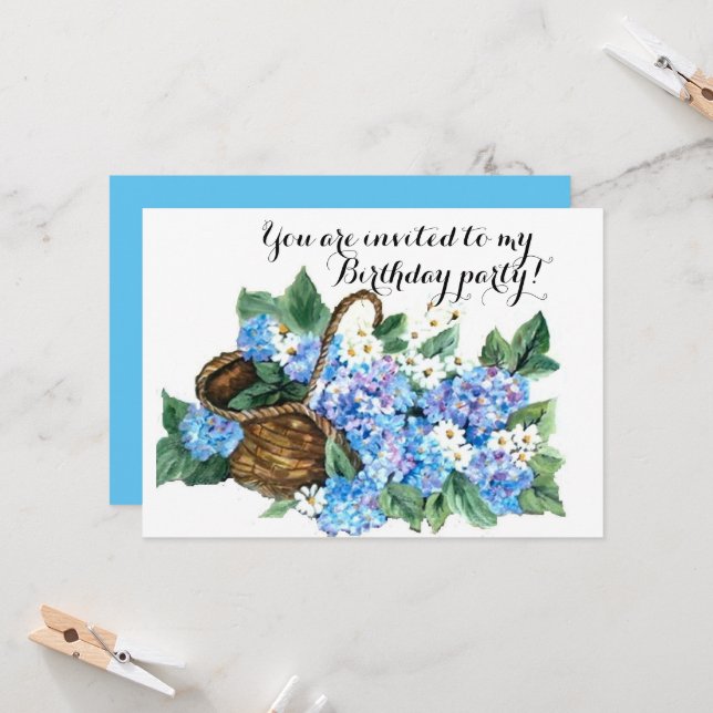 Birthday party  basket with blue hydrangeas invitation (Front/Back In Situ)